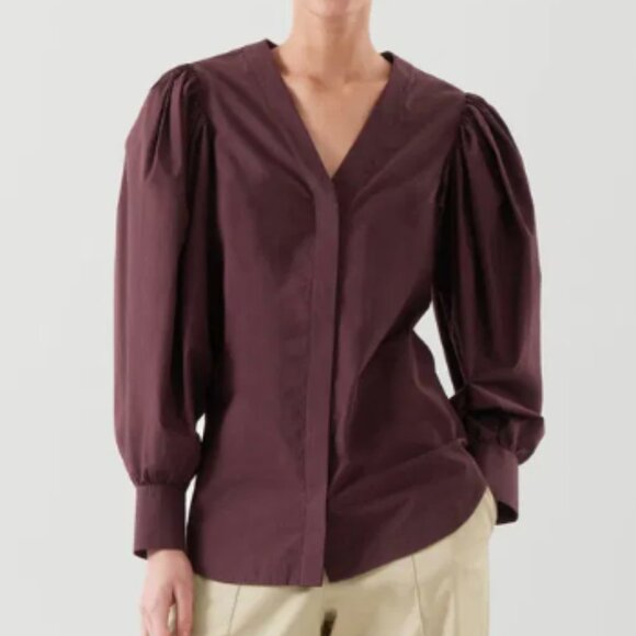COS Puff-Sleeve V-Neck Cotton-Stretch Burgundy Minimalist Blouse EU 36 US S - Picture 2 of 10